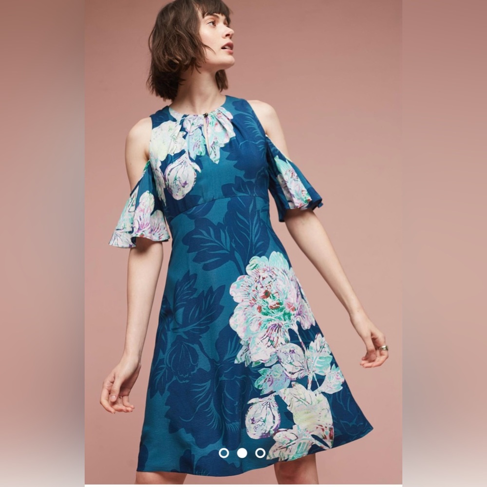 Anthropologie Maeve Floral Elia Dress in Turquoise, Cold Shoulder Sleeve, Size 2